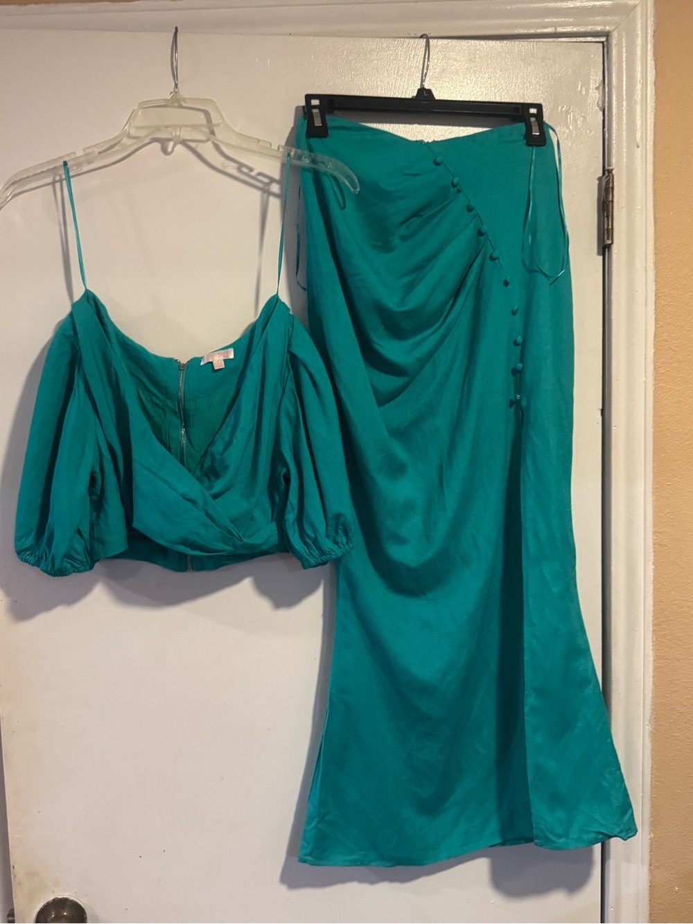 LUXXEL Tiffany Ann Teal Ruched Crop Top Maxi Skirt Set S